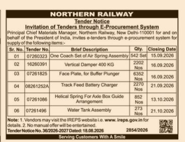 Northern Railway E-Procurement Tender Notice