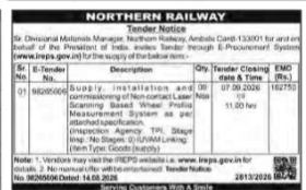 Northern Railway E-Tender Notice for Wheel Profile Measurement System