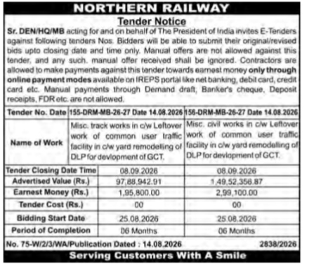 Northern Railway E-Tender Notice for Yard Remodeling Works
