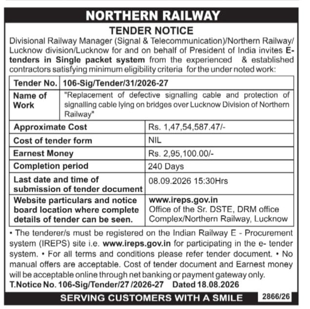 Northern Railway Tender Notice: Defective Signalling Cable Replacement in Lucknow Division