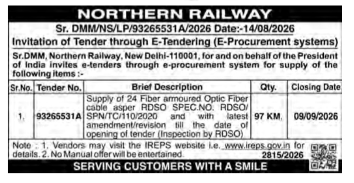 Northern Railway Tender Notice: Optic Fiber Cable Supply