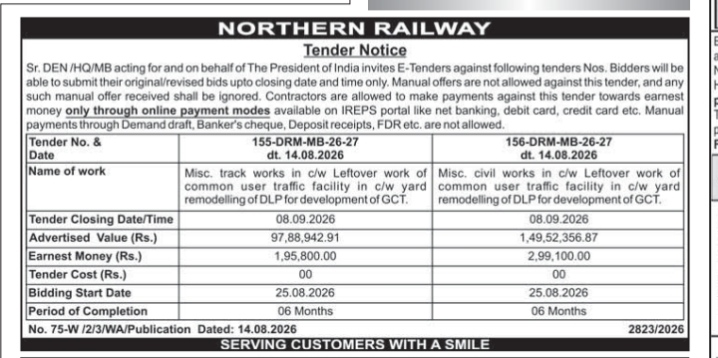 Northern Railway Tender Notice – Yard Remodelling of DLP