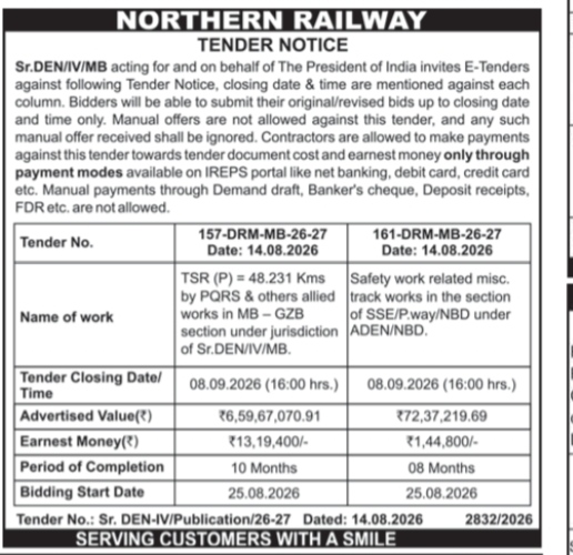 Northern Railway Track Work Tender Notice (August 2026)