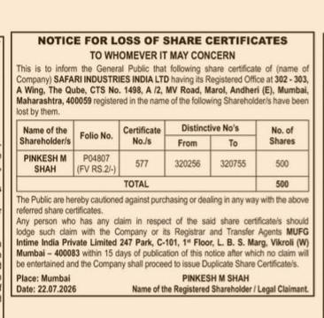 Notice for Loss of Share Certificates - Safari Industries India Ltd