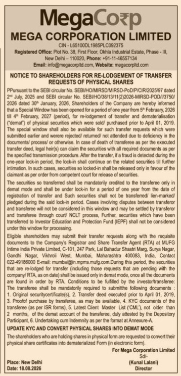 Notice for Re-Lodgement of Physical Shares Transfer Requests