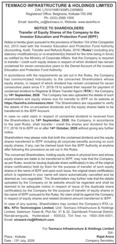 NOTICE INFORMS TO SHAREHOLDERS OF TEXMACO INFRASTRUCTURE