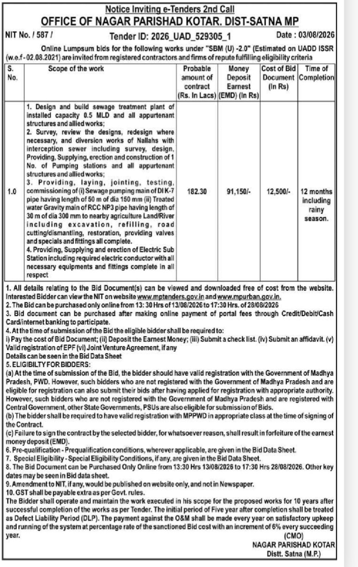 Notice Inviting e-Tenders (2nd Call) for Sewage Treatment Plant Works at Nagar Parishad Kotar