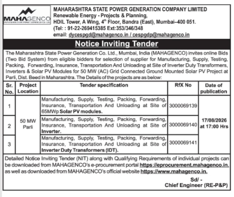 Notice Inviting Tender: 50 MW (AC) Grid Connected Ground Mounted Solar PV Project