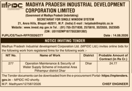 Notice Inviting Tender for Pithampur Industrial Area Water Supply Scheme by MPIDC