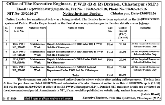 Notice Inviting Tender (NIT No. 23/2026-27), P.W.D. Chhatarpur