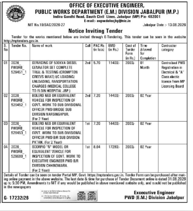 Notice Inviting Tender - PWD (E.M.) Division Jabalpur (NIT No. 19/SAC/2026-27)