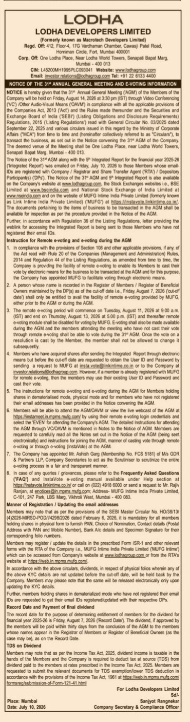 NOTICE OF 31st ANNUAL GENERAL MEETING FOR LODHA DEVELOPERS