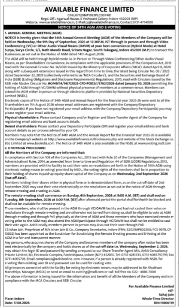 Notice of 34th Annual General Meeting and E-Voting