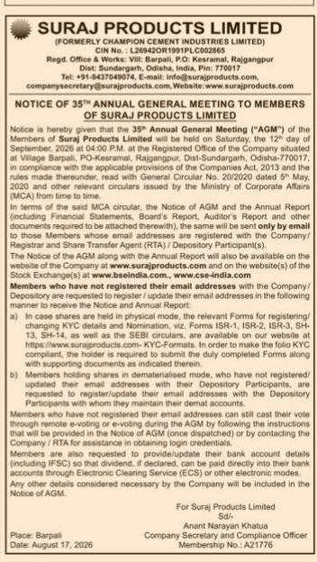 Notice of 35th Annual General Meeting of Suraj Products Limited