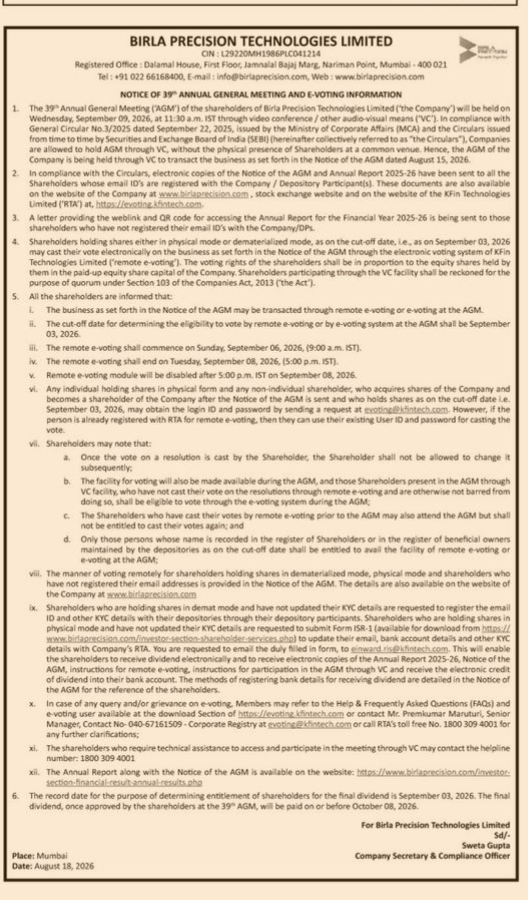 Notice of 39th Annual General Meeting and E-Voting Information for Birla Precision Technologies Limited