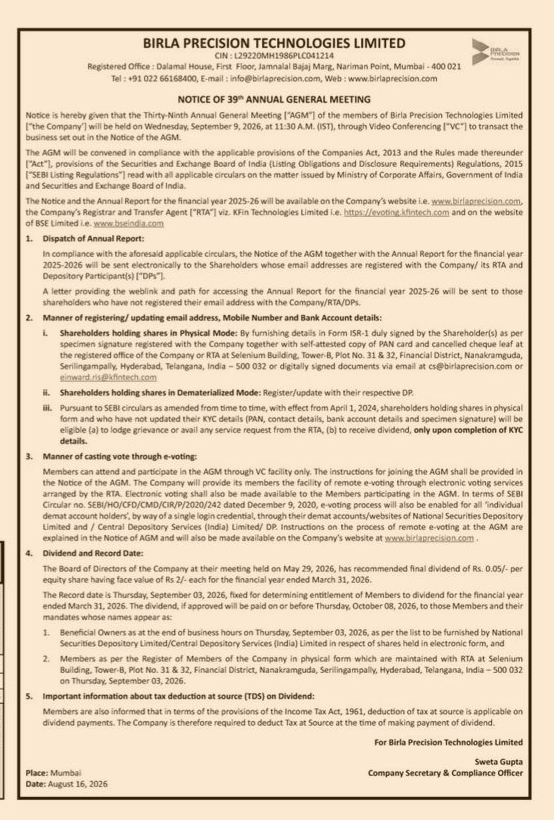 Notice of 39th Annual General Meeting of Birla Precision Technologies Limited