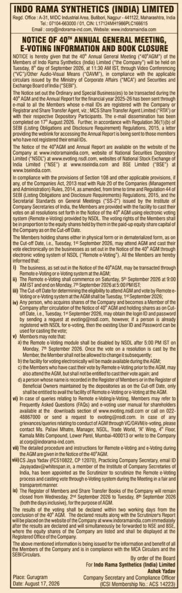 Notice of 40th Annual General Meeting, E-Voting Information, and Book Closure for Indo Rama Synthetics (India) Limited