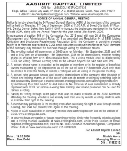 NOTICE OF 54th ANNUAL GENERAL MEETING OF AASHRIT CAPITAL LIMITED