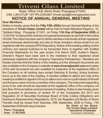 Notice of 55th Annual General Meeting of Triveni Glass Limited