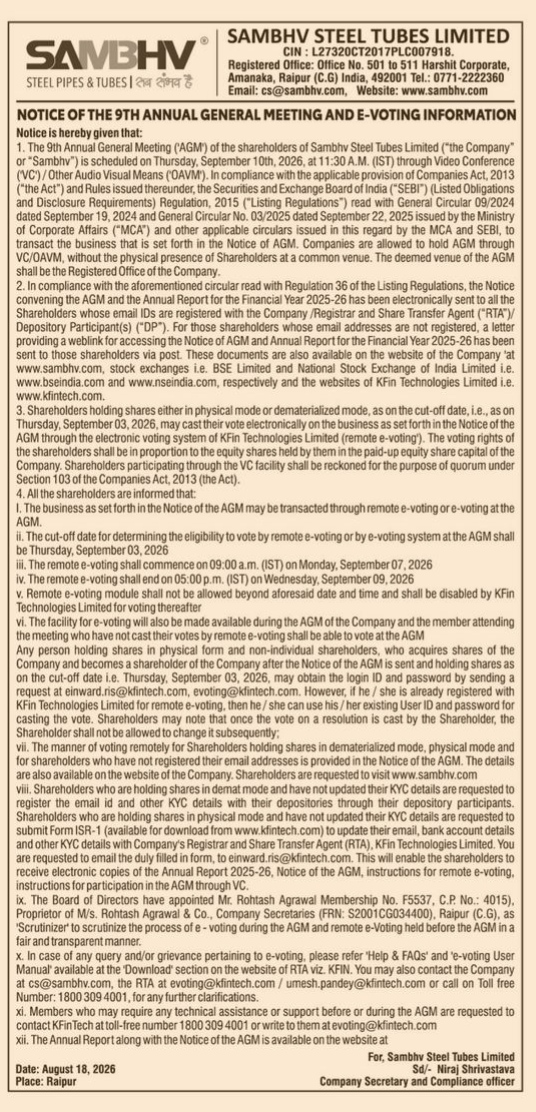 Notice of 9th AGM and E-Voting Information