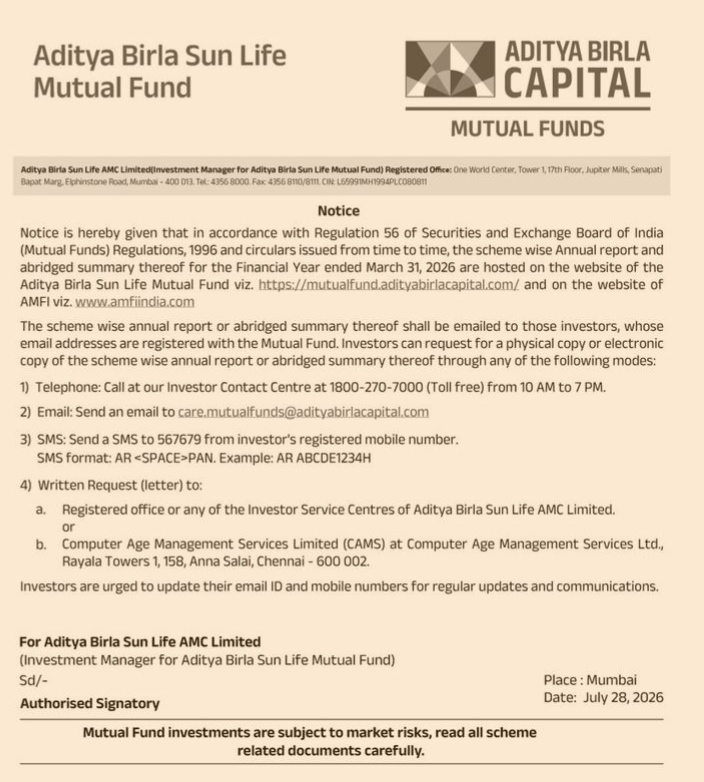 Notice of Availability of Annual Report and Abridged Summary – Aditya Birla Sun Life Mutual Fund