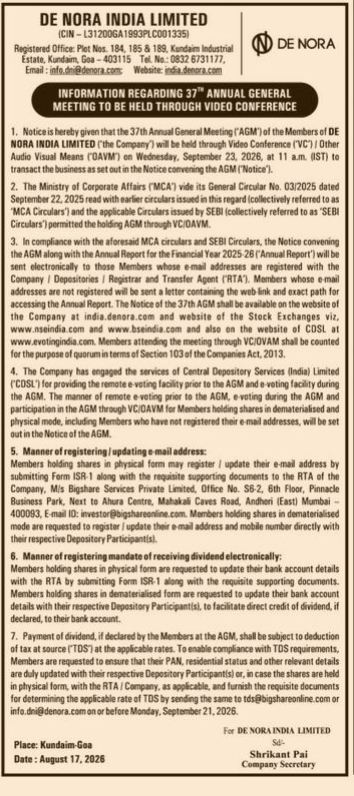 Notice of De Nora India Limited 37th AGM