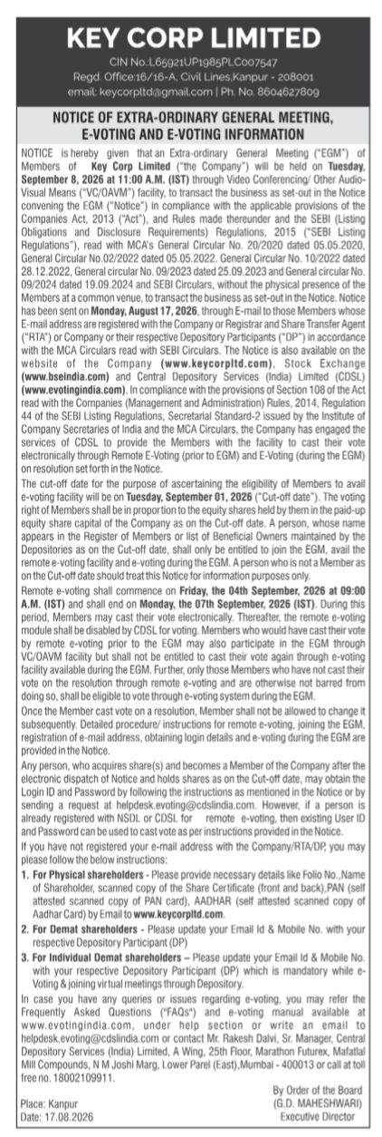 Notice of Extra-Ordinary General Meeting (EGM) - Key Corp Limited