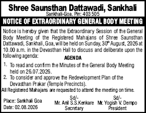 Notice of Extraordinary General Body Meeting - Shree Saunsthan Dattawadi