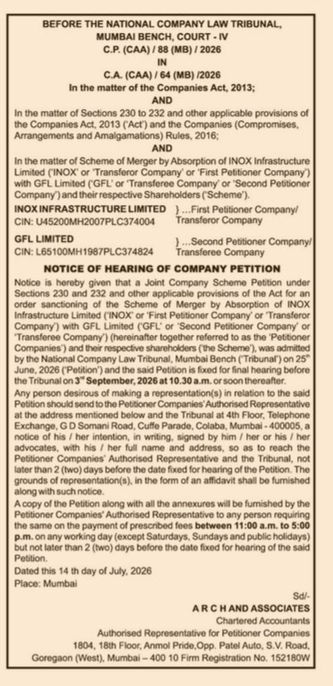 NOTICE OF HEARING OF COMPANY PETITION".