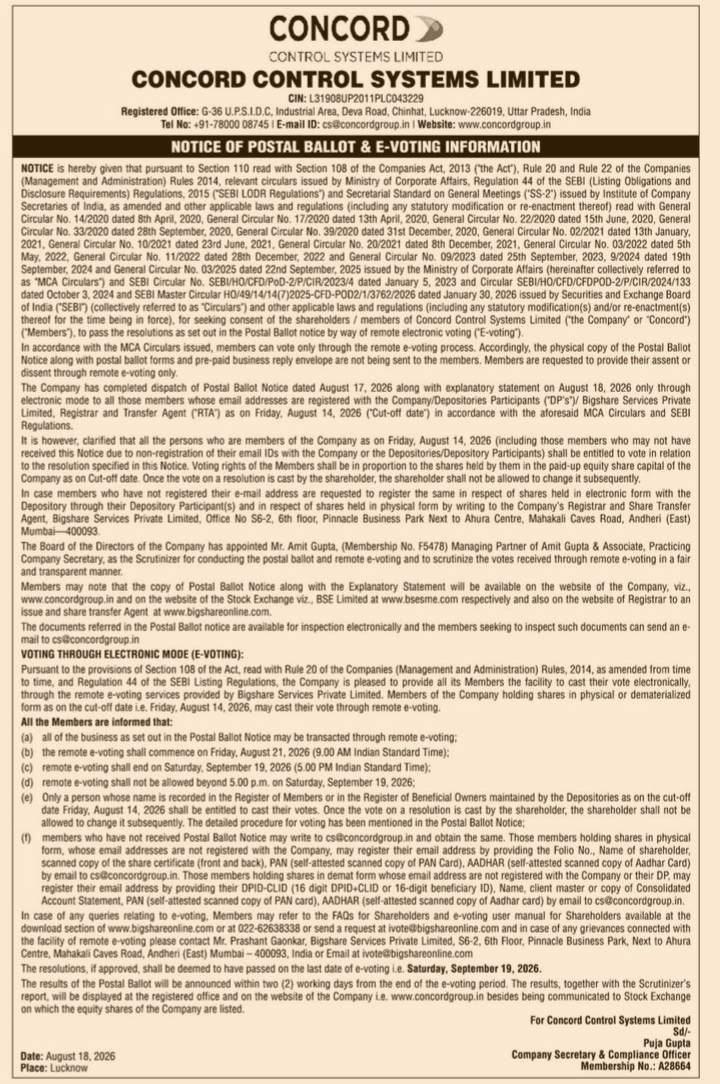 Notice of Postal Ballot and E-Voting Information for Concord Control Systems Limited