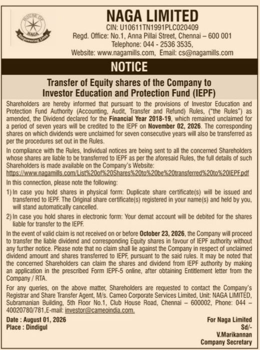 Notice of Share Transfer to IEPF