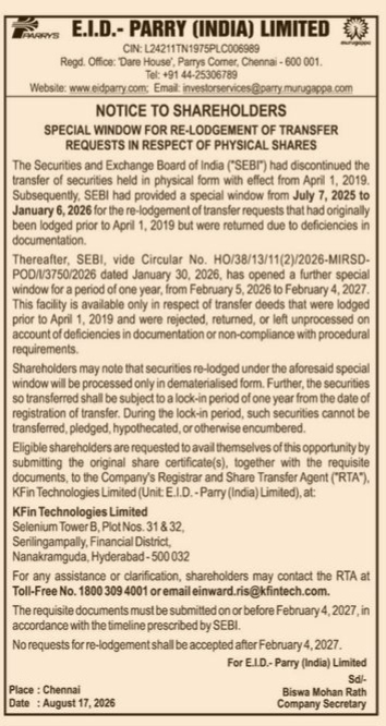 Notice of Special Window for Re-Lodgement of Physical Shares Transfer Requests
