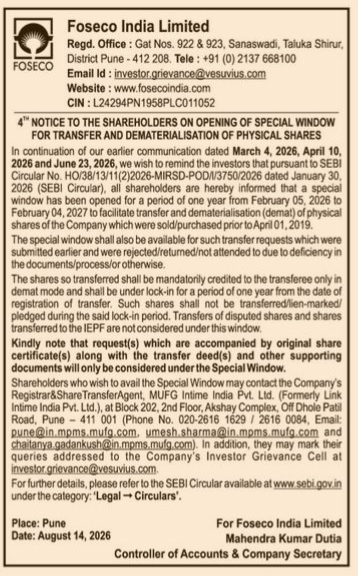 Notice of Special Window for Transfer and Dematerialisation of Physical Shares