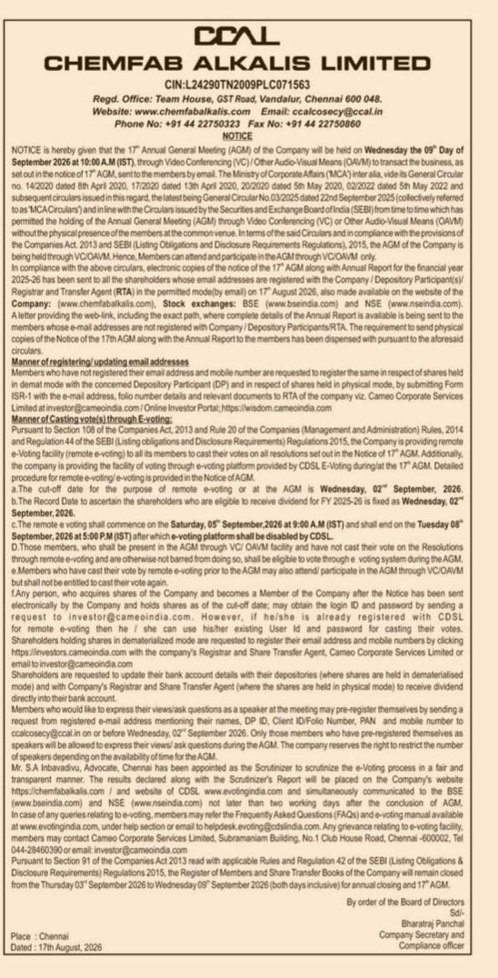 Notice of the 17th Annual General Meeting of Chemfab Alkalis Limited