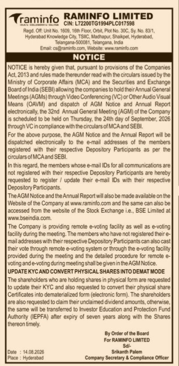 Notice of the 32nd Annual General Meeting (AGM) of Raminfo Limited.