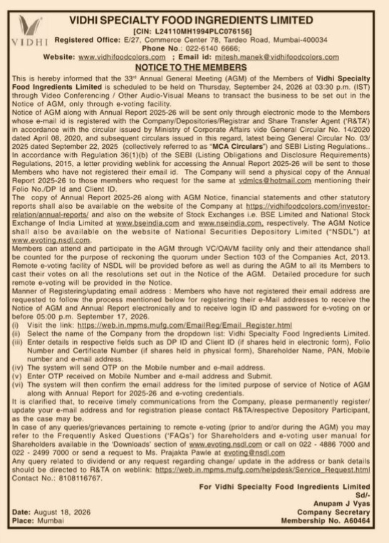 Notice of the 33rd Annual General Meeting (AGM) for Vidhi Specialty Food Ingredients Limited