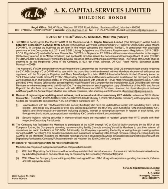 Notice of the 33rd Annual General Meeting (AGM) of A. K. Capital Services Limited.