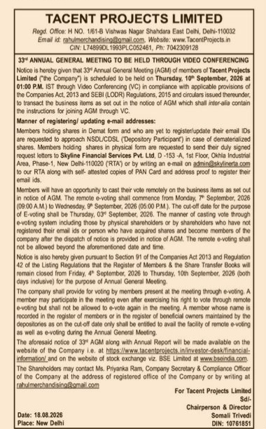 Notice of the 33rd Annual General Meeting of Tacent Projects Limited