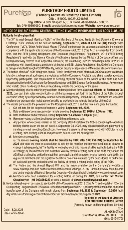 Notice of the 34th AGM and E-Voting Information - Puretrop Fruits Limited