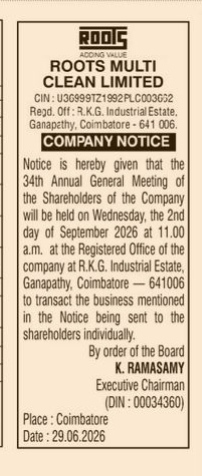 Notice of the 34th Annual General Meeting of Roots Multi Clean Limited