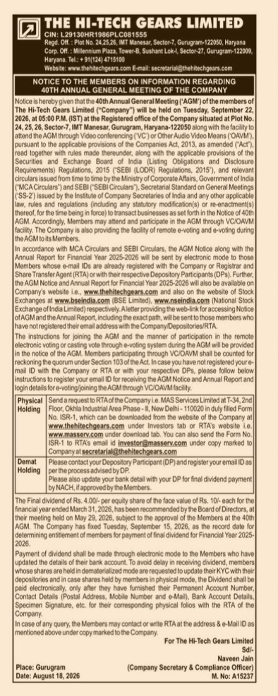Notice of the 40th Annual General Meeting of The Hi-Tech Gears Limited
