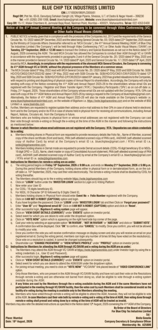 Notice of the 41st Annual General Meeting of Blue Chip Tex Industries Limited