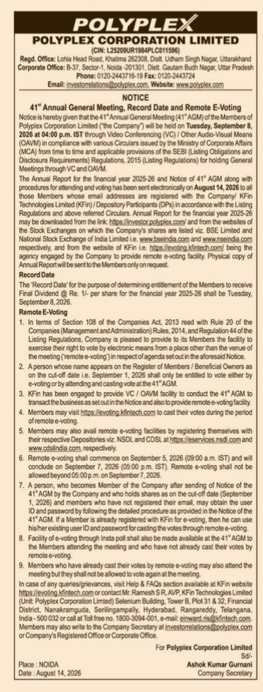 Notice of the 41st Annual General Meeting of Polyplex Corporation Limited