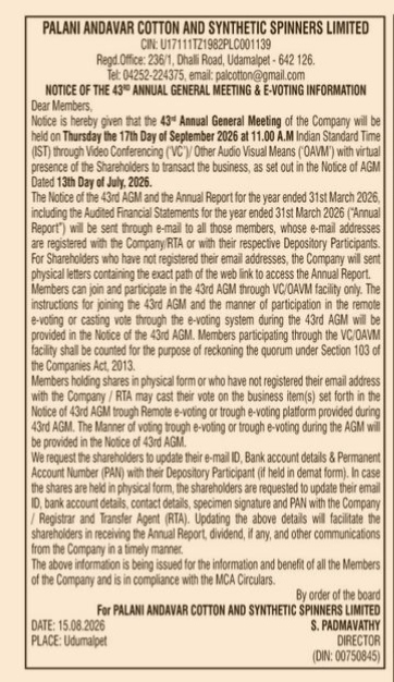 Notice of the 43rd Annual General Meeting and E-Voting Information