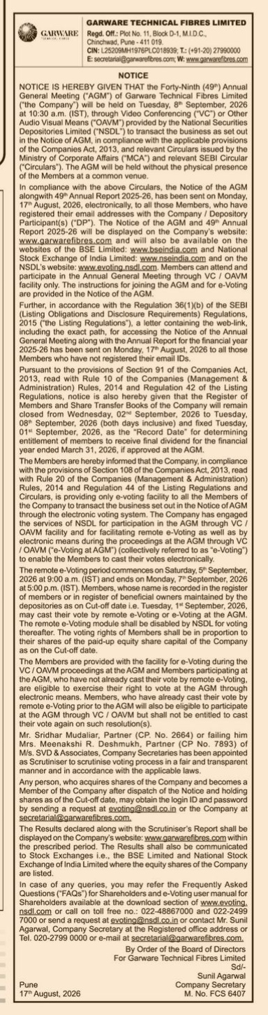Notice of the 49th Annual General Meeting of Garware Technical Fibres Limited