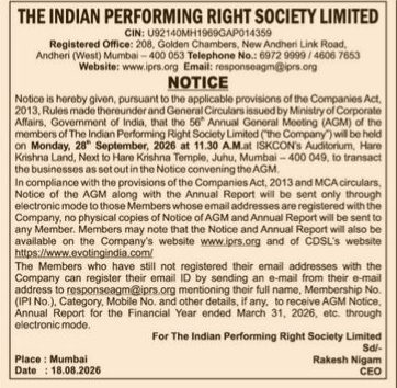 Notice of the 56th Annual General Meeting of The Indian Performing Right Society Limited.