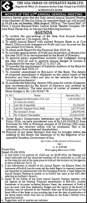 Notice of the 62nd Annual General Meeting and Agenda for The Goa Urban Co-operative Bank Ltd.