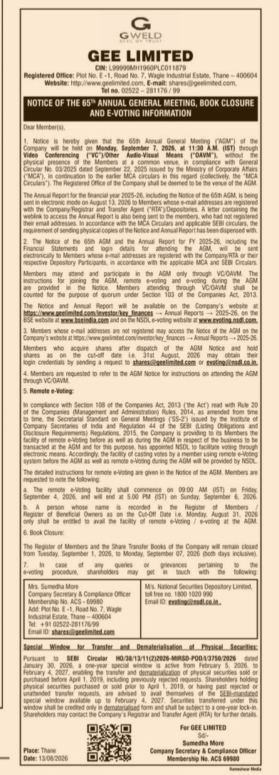 Notice of the 65th Annual General Meeting, Book Closure and E-Voting Information