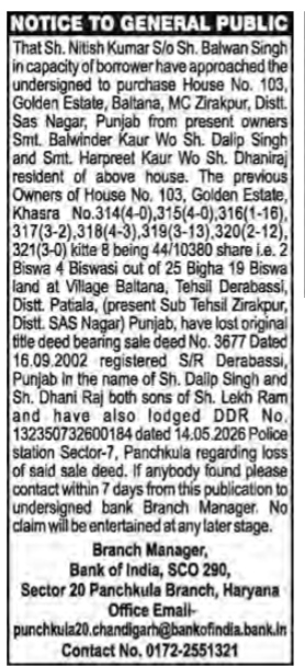 Notice to General Public Regarding Lost Title Deed and Property Purchase Claim