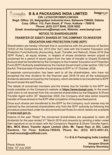 NOTICE TO SHAREHOLDERS -about equity shares